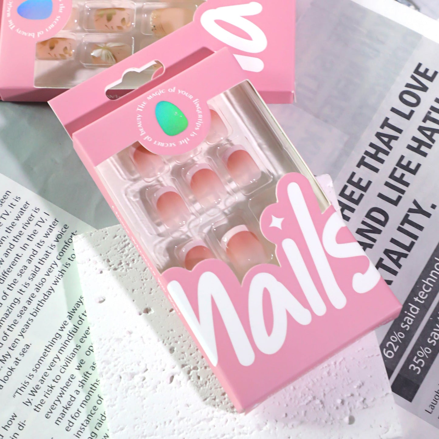Elegant Pink Floral Press-On Nails – Glossy Square Acrylic Glue-On Set