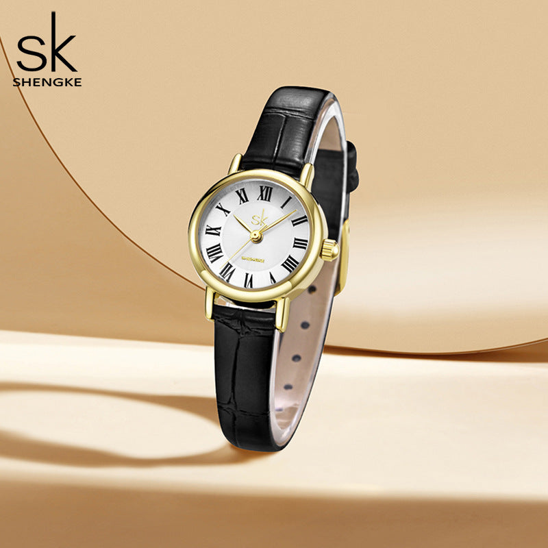 SK Women’s Black Quartz Watch – Leather Strap, 30M Waterproof Round Dial Casual Watch