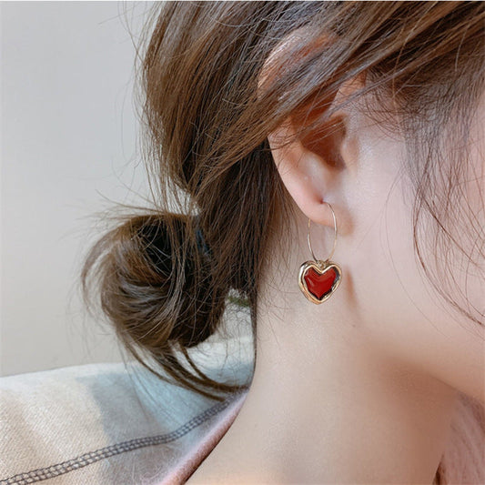 Korean Heart Earrings for Women – Wine Red Sweet Style