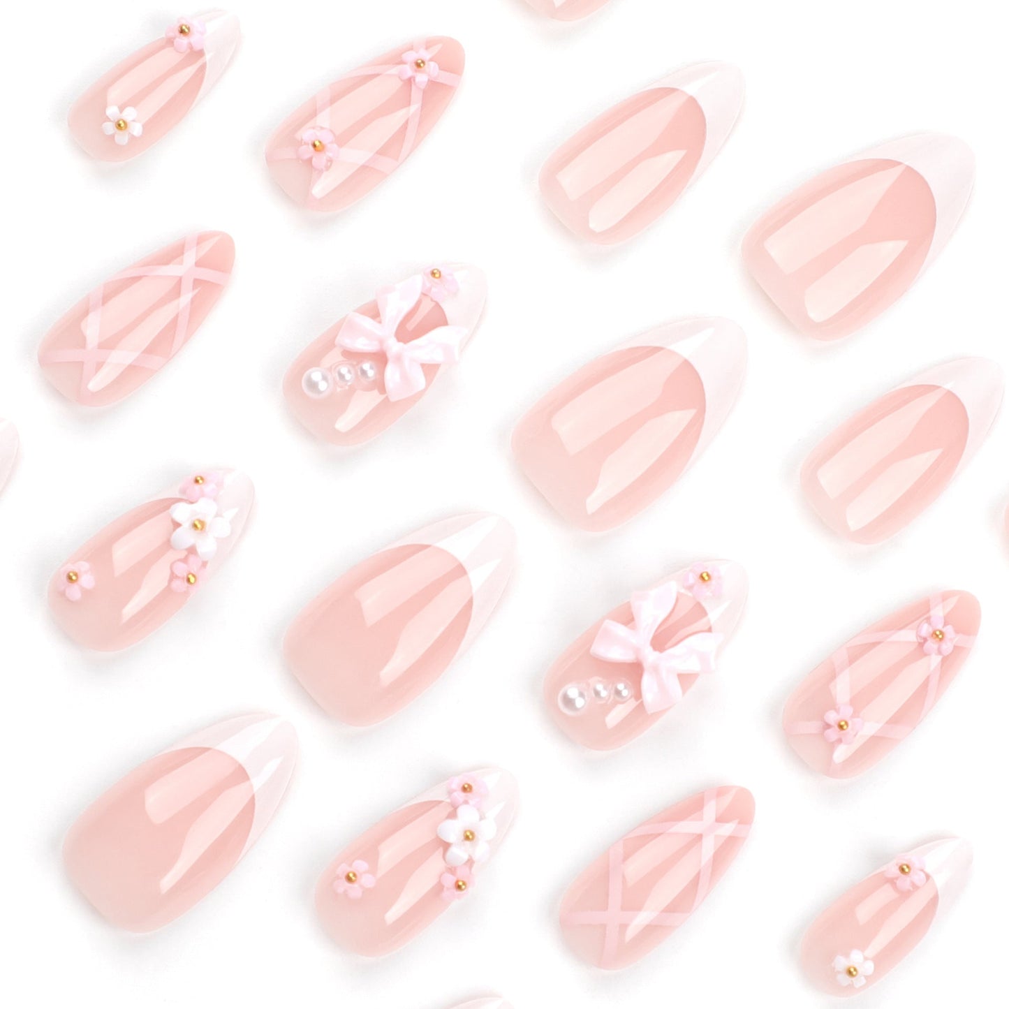 Cute Pink Bow Press-On Nails with 3D Floral Art – Glossy Almond Shape Acrylic Set