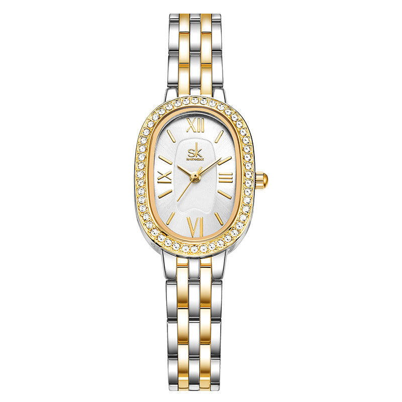SK Women’s Quartz Watch – Zircon Oval Dial, Waterproof Fashion Alloy Wristwatch