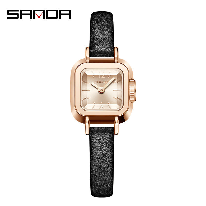 Sanda Women’s Square Quartz Watch – Leather Strap, Roman Dial, Waterproof Casual Watch