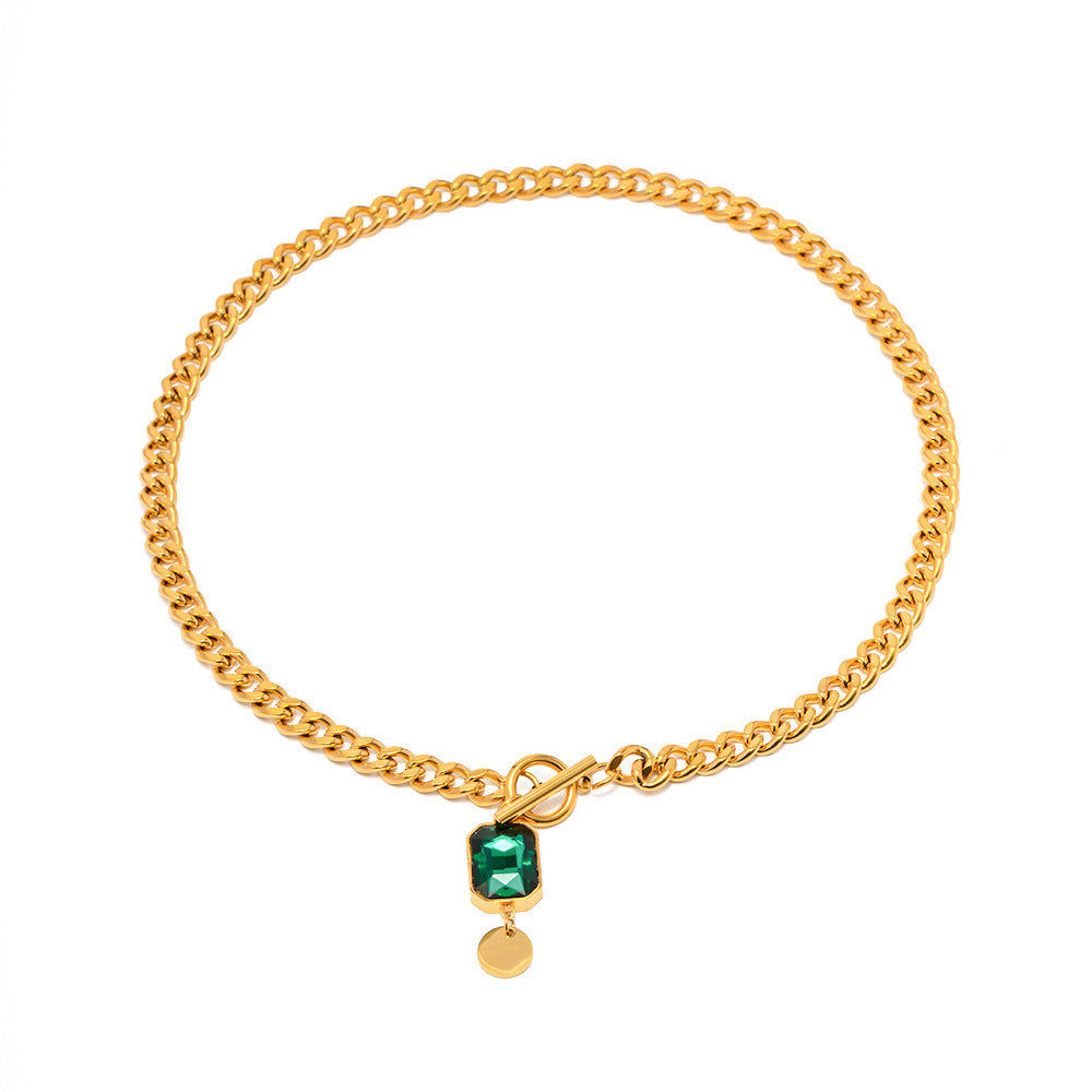 Chunky Gold Chain Necklace with Emerald Pendant – Bold Luxe Statement Jewelry
