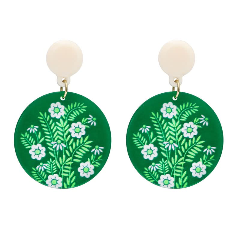 Retro Round Acrylic Plate Flower Earrings – Embossed Print