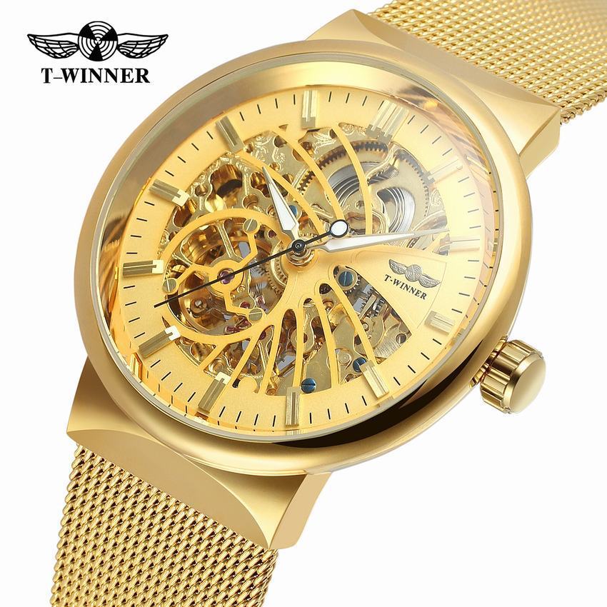 T-WINNER Automatic Mechanical Watch for Men – Mesh Strap, Waterproof Skeleton Design