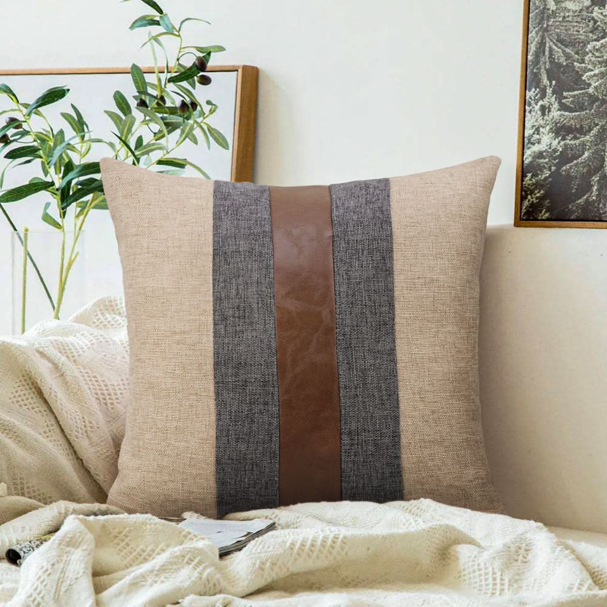 Pure Color Linen & PU Stitching Pillow Cover - Modern Simple Style