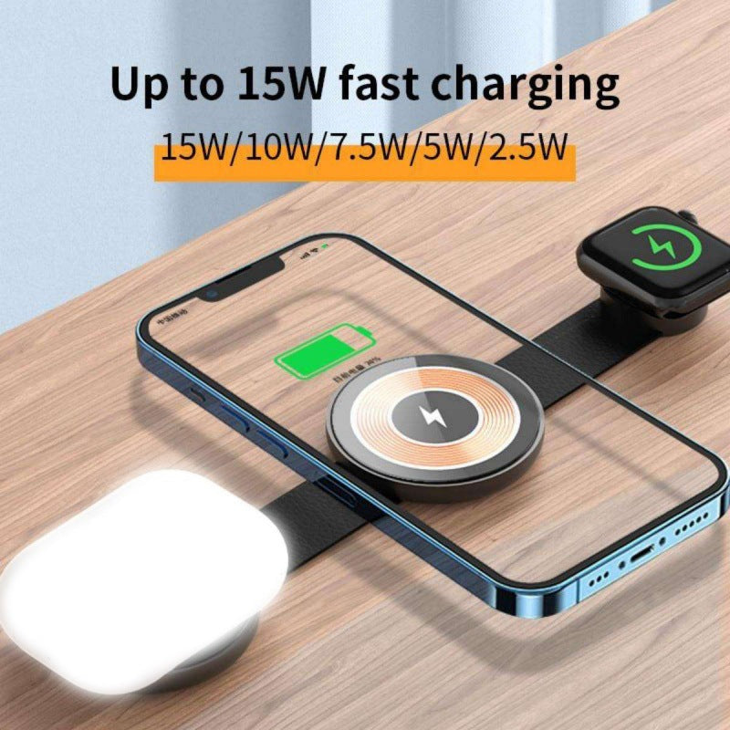 3-in-1 Foldable Magnetic Wireless Charger Fast Charging Dock for iPhone, Apple Watch & Earbuds