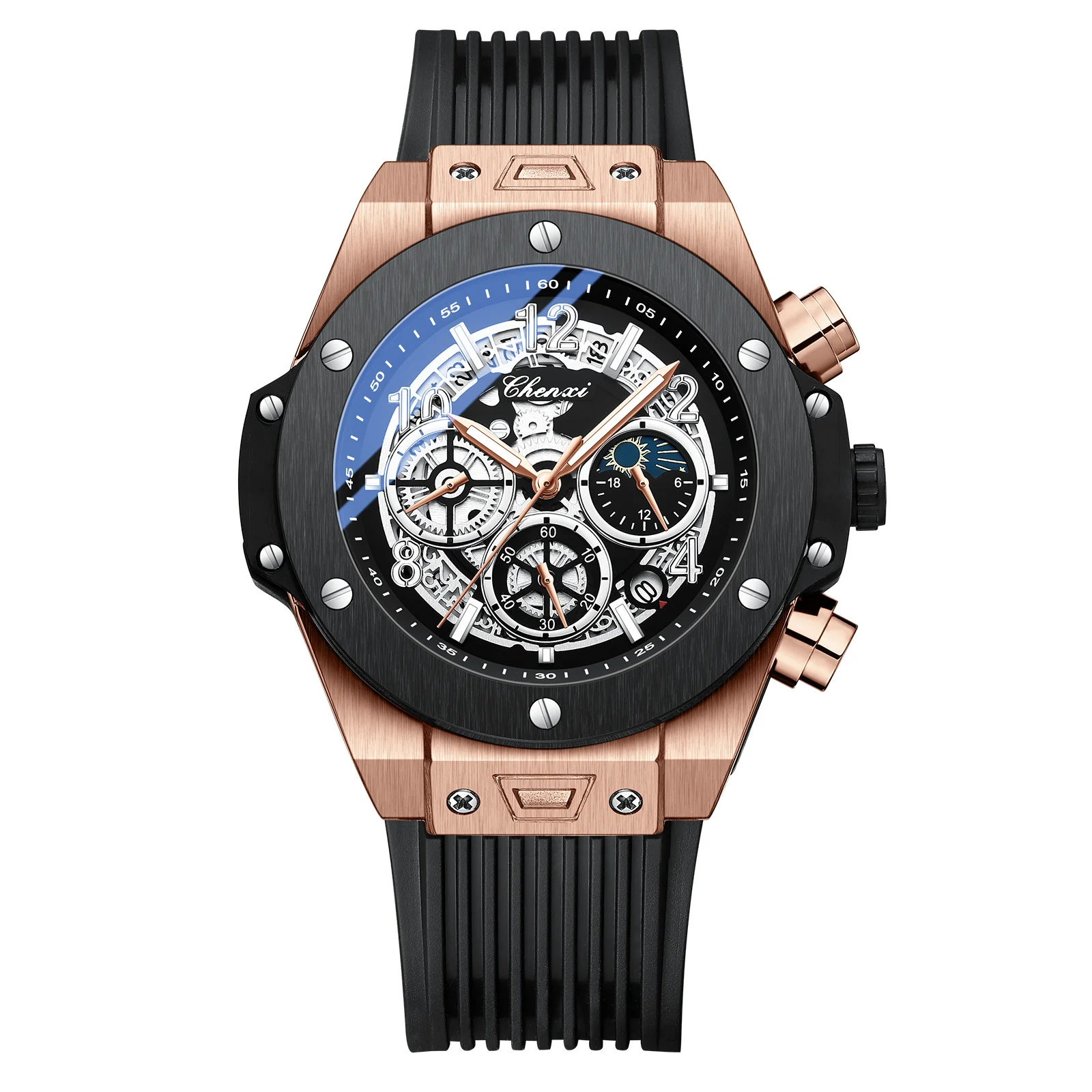 Men's Moon Phase Display Sports Watch - Barrel-Shaped