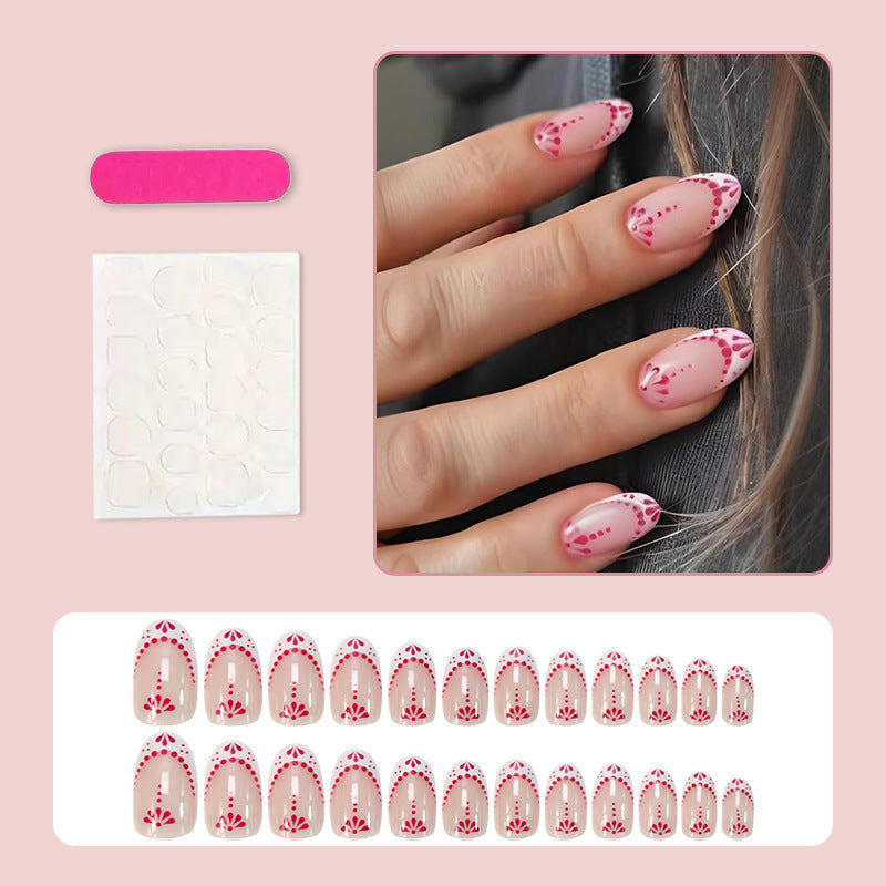 Pink Nude Bohemian Press-On Nails – Almond Acrylic Medium Abstract Floral Set