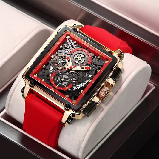 Men’s Square Chronograph Sports Watch – Calendar, Silicone Strap
