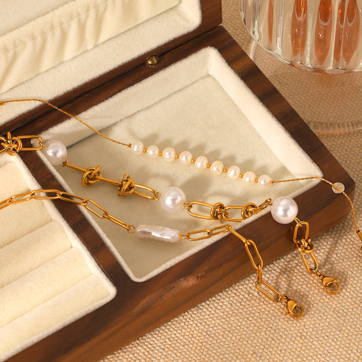 Elegant Pearl Chain Bracelet Set for Women – Gold Stainless Steel (Pack of 3)