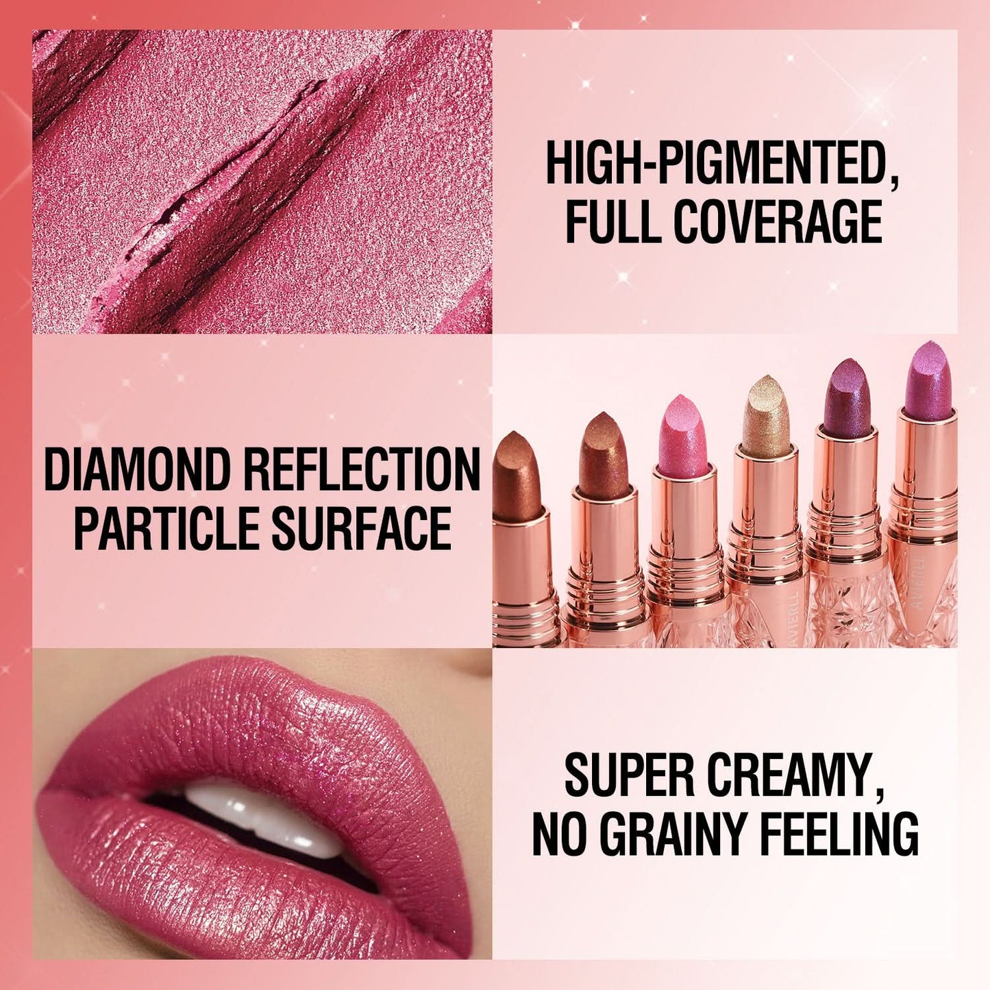AVIERLL Glitter Lipstick – Long-Lasting, Waterproof, High-Shine Pearlescent Lip Color