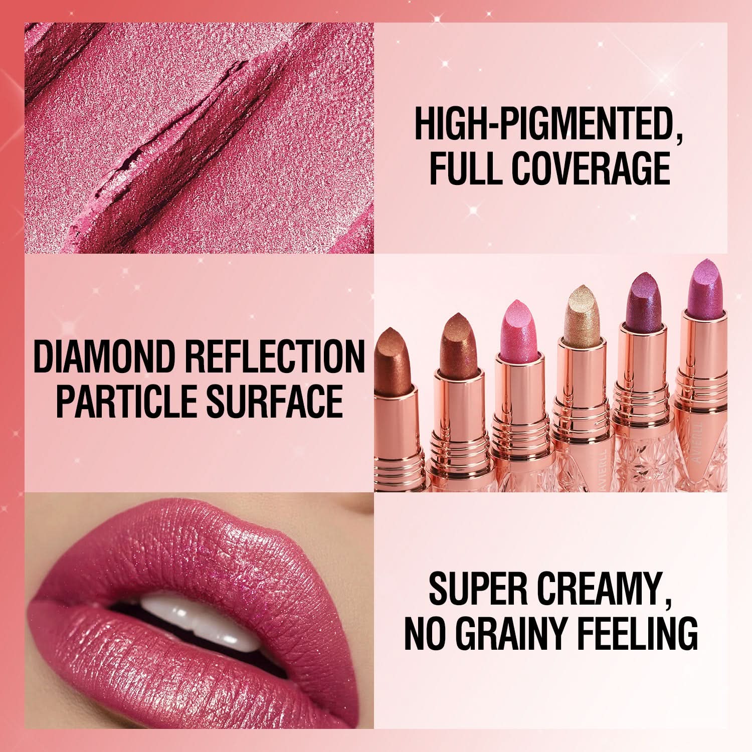 AVIERLL Glitter Lipstick – Long-Lasting, Waterproof, High-Shine Pearlescent Lip Color