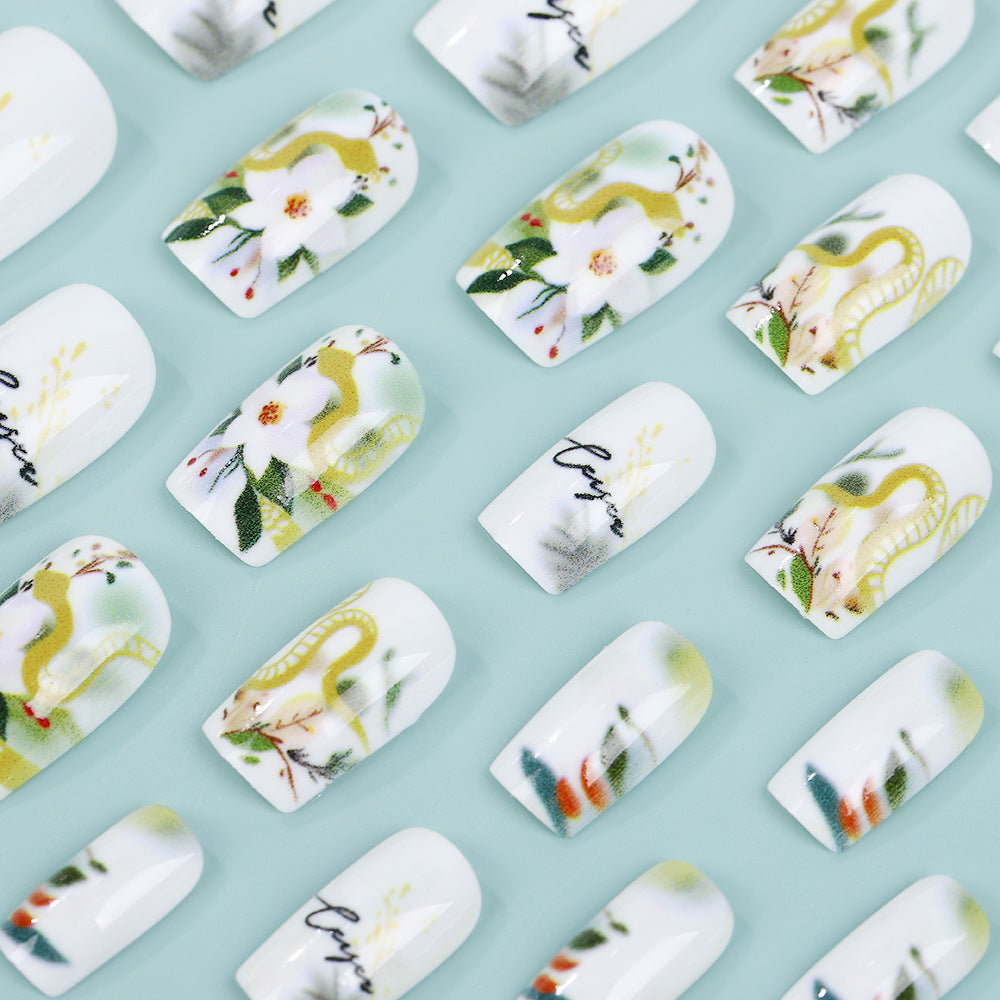 Luxury Square Press-On Nails – White & Gold with Floral Artistic Design Nails