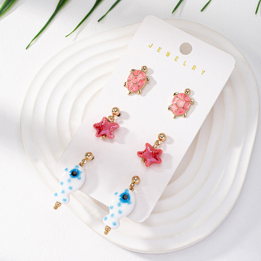 Women’s Ocean Earrings Set – Seashell, Starfish & Fish Holiday Jewelry (3 Pairs)