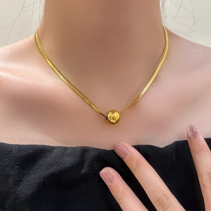 Double Layer Titanium Steel Necklace – Elegant Ball Pendant Clavicle Chain for Women