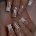 Sparkly French Press-On Nails – Medium Square Nude & White with Glitter Swirls