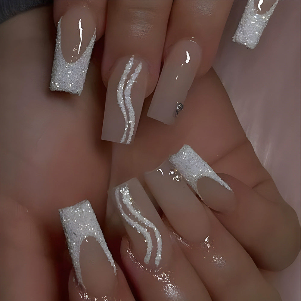 Sparkly French Press-On Nails – Medium Square Nude & White with Glitter Swirls