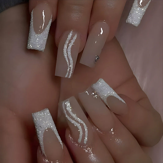 Sparkly French Press-On Nails – Medium Square Nude & White with Glitter Swirls