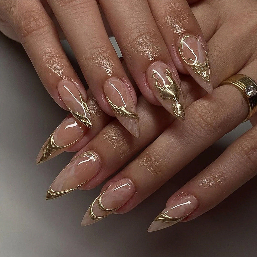 3D Gold Marble Press-On Nails – Long Stiletto Acrylic Nail Set, Nude Abstract Design