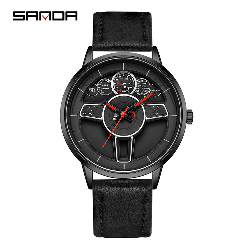 SANDA Steering Wheel Men’s Quartz Watch – Leather Strap Waterproof Business Wristwatch