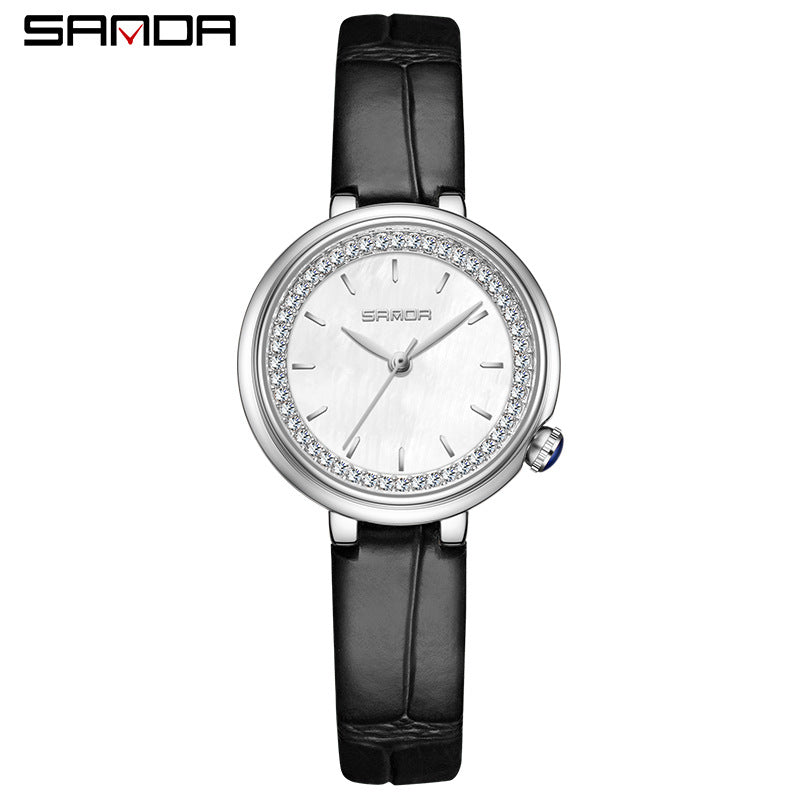 Sanda Women’s Leather Quartz Watch – Diamond Accent Small Dial, Waterproof Analog Watch