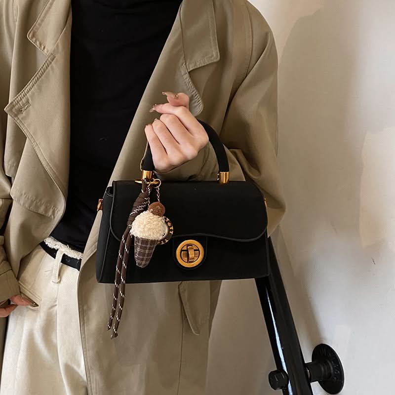 Retro PU Handbag for Women – Mid-Size Lock Messenger Bag with Keychain