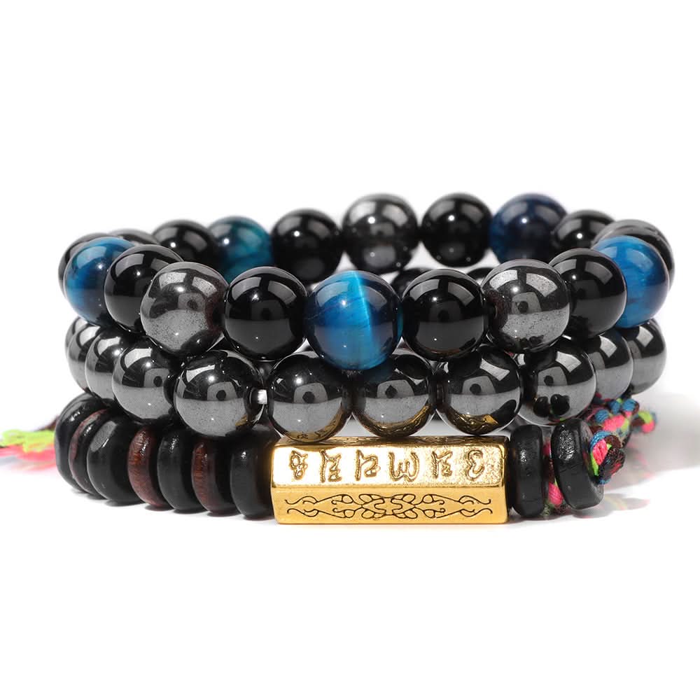 Unisex 3-Piece Tiger Eye & Agate Bead Bracelet Set – Six-Word Mantra