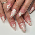 Sweet Almond Press-On Nails with 3D Hearts & Strawberry Design – Medium Fake Nails