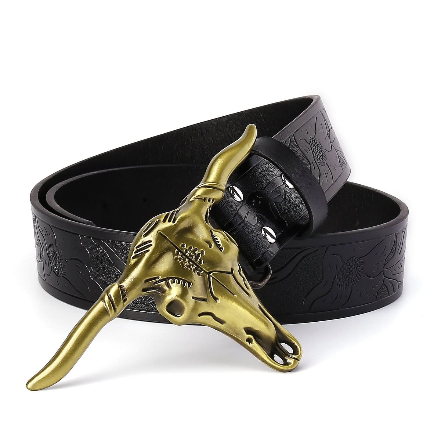 Men’s Leather Belt with Longhorn Skull Buckle
