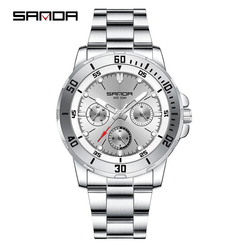 SANDA Men’s Large Dial Steel Quartz Watch – Business Analog Wristwatch with Calendar