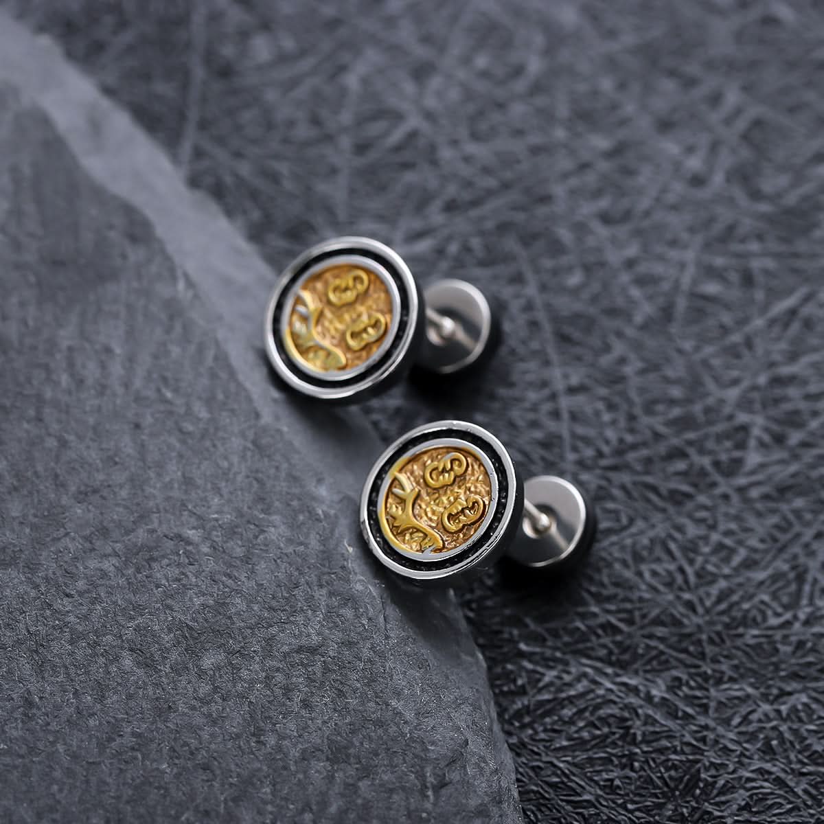 Men’s Vintage Coin Stud Earrings – Gold-Tone Embossed Design