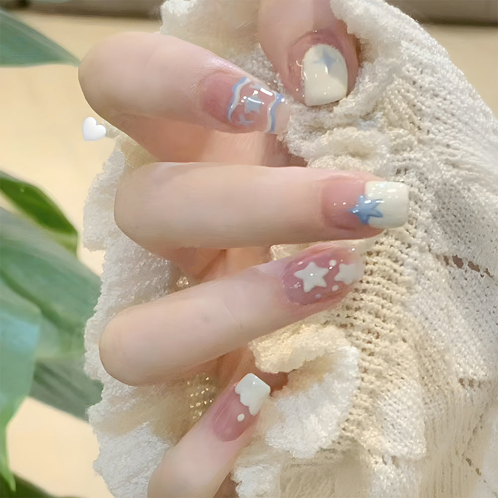 Starry Sky Press-On Nails – Pastel Cloud & Star Square Acrylic Nail Tips