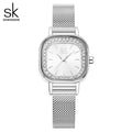 SK Women’s Diamond Quartz Watch – Square Dial, Waterproof Mesh Strap Timepiece