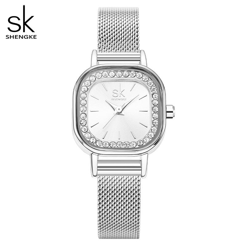 SK Women’s Diamond Quartz Watch – Square Dial, Waterproof Mesh Strap Timepiece