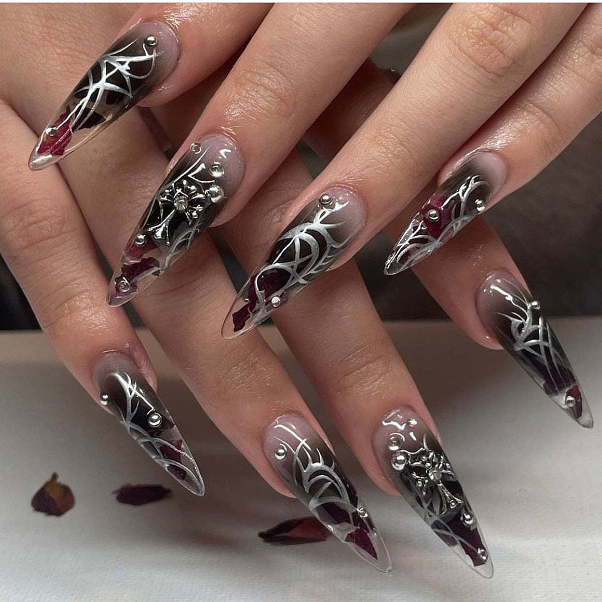 Gothic Chrome Stiletto Press-on Nails – Long Black Burgundy 3D Stud Design