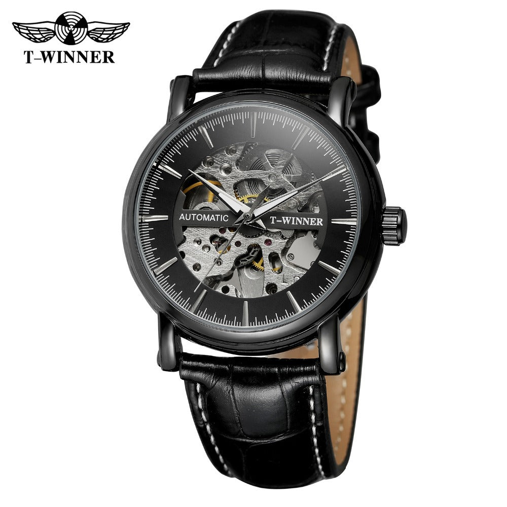 T-WINNER Automatic Mechanical Watch for Men – Hollow Dial Leather Strap Timepiece