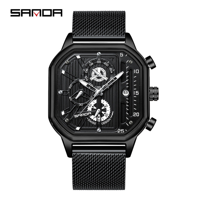 SANDA Men's Mesh Steel Square Quartz Watch – Multifunction Calendar Waterproof Timepiece