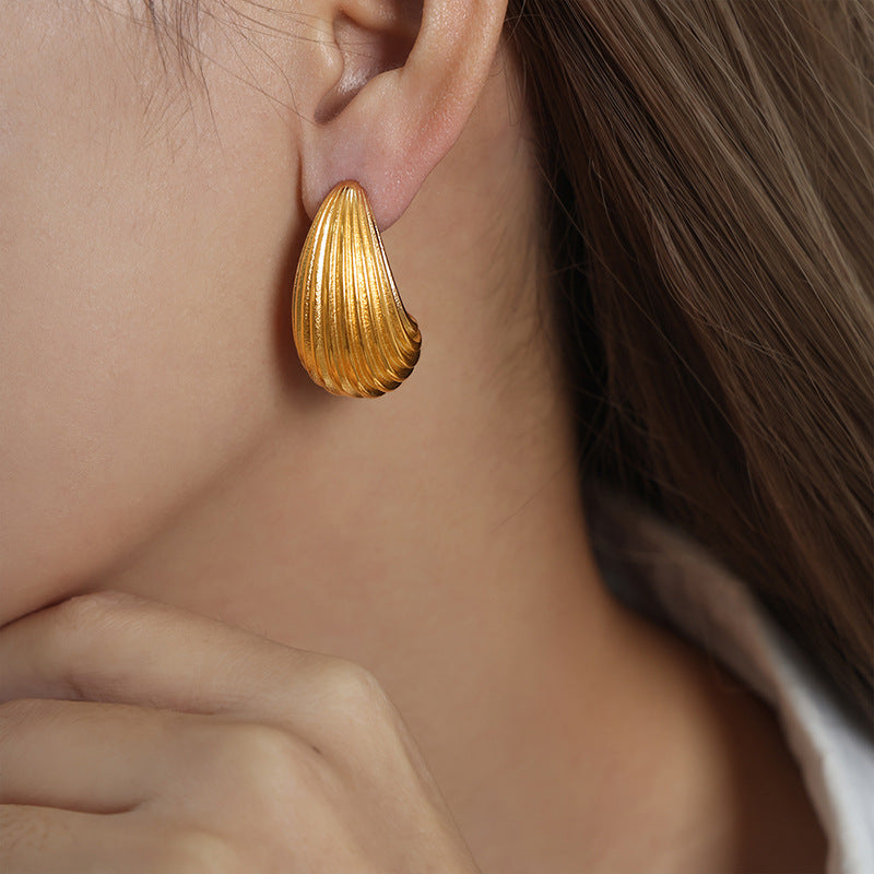 Shell Drop Stud Earrings – Vintage Ribbed Design, Titanium Steel Jewelry
