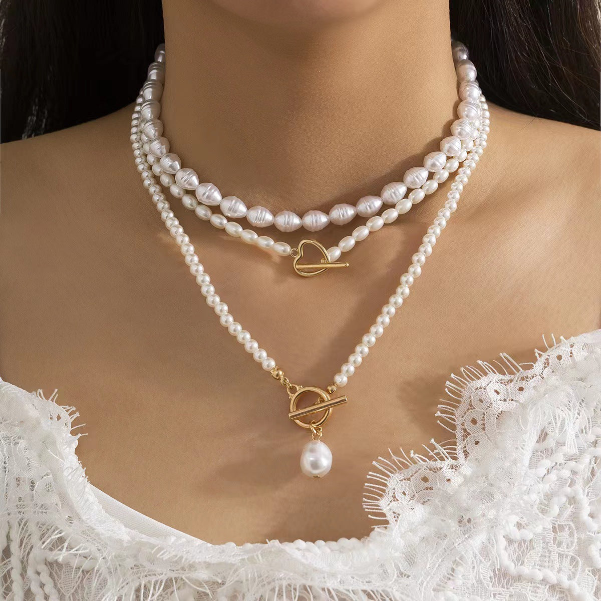 Layered Baroque Pearl Necklace – Gold Toggle Clasp Chain Jewelry for Women