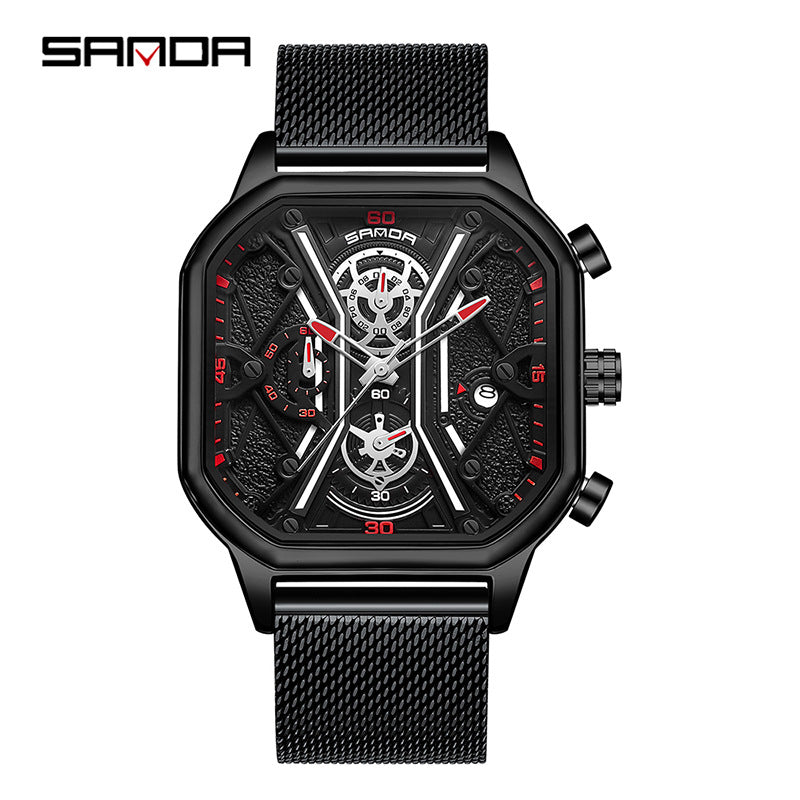 SANDA Men's Square Quartz Watch – Waterproof Luminous Mesh Stainless Steel Strap