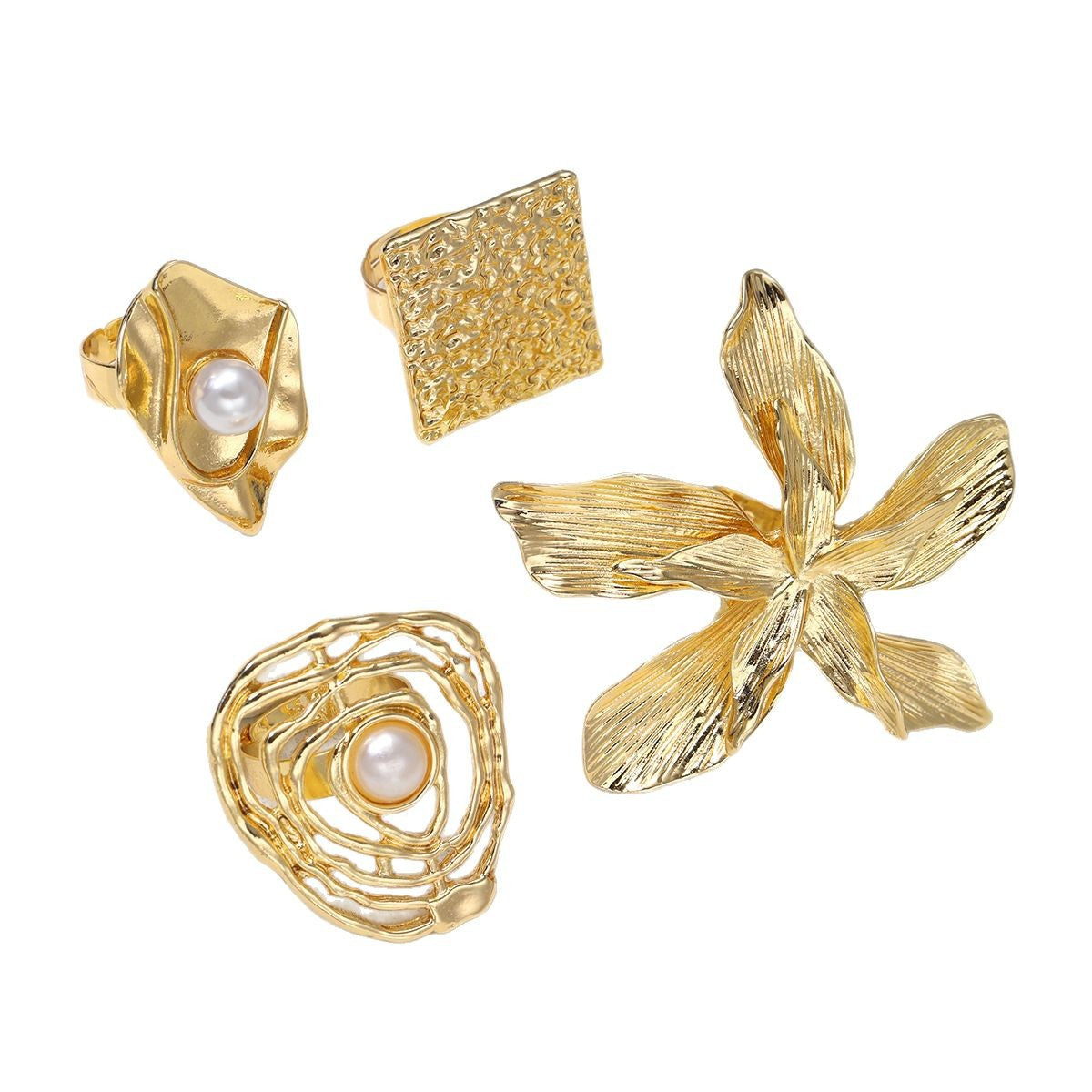 Irregular Flower Ring Set – 4-Piece Gold Alloy Women’s Rings, Trendy Statement Jewelry