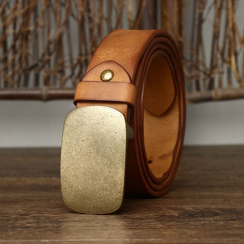 Men’s Retro Leather Belt – Vintage Smooth Copper Buckle