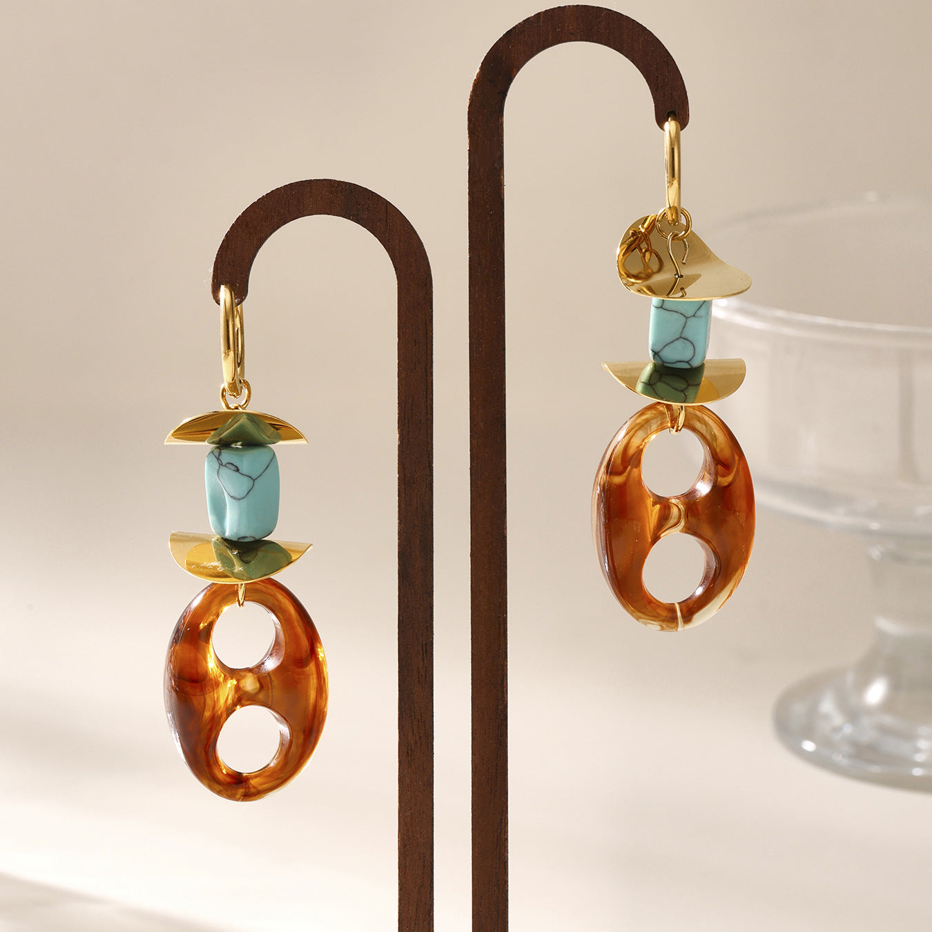 Turquoise Geometric Resin Earrings – Trendy Stainless Steel Chain Design for Women