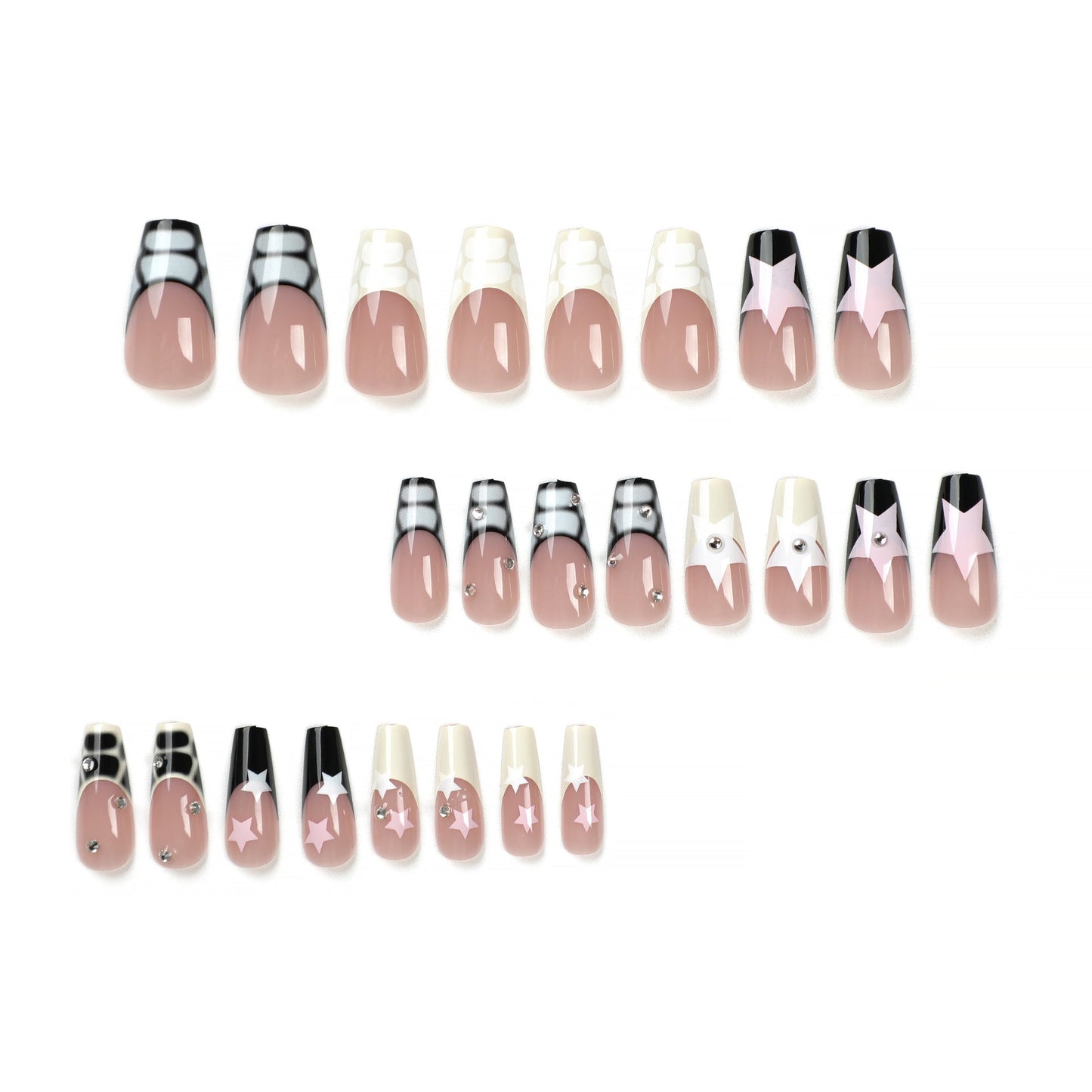Black Coffin Press‑On Nails with Stars & Bows – Glossy Metallic Acrylic Tips