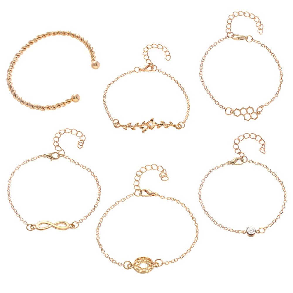 Women’s Rose Gold Bracelet Set – 6-Piece Infinity, Leaf & Diamond Charm Bangles