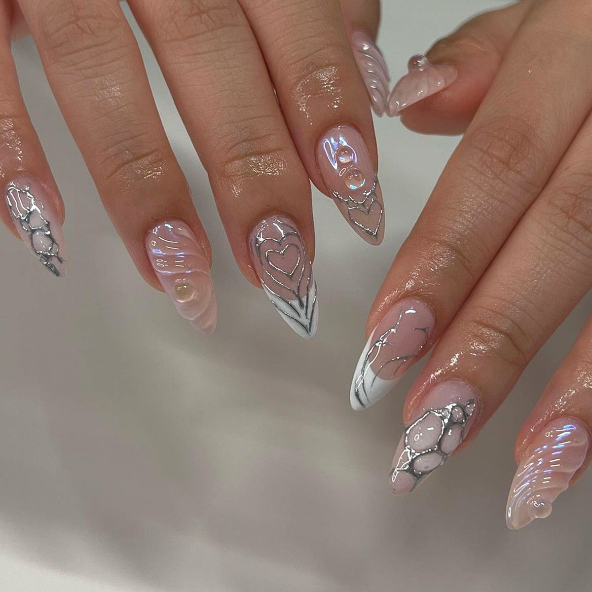 3D Chrome Heart Press-On Nails – Long Iridescent Almond Glue-On Set