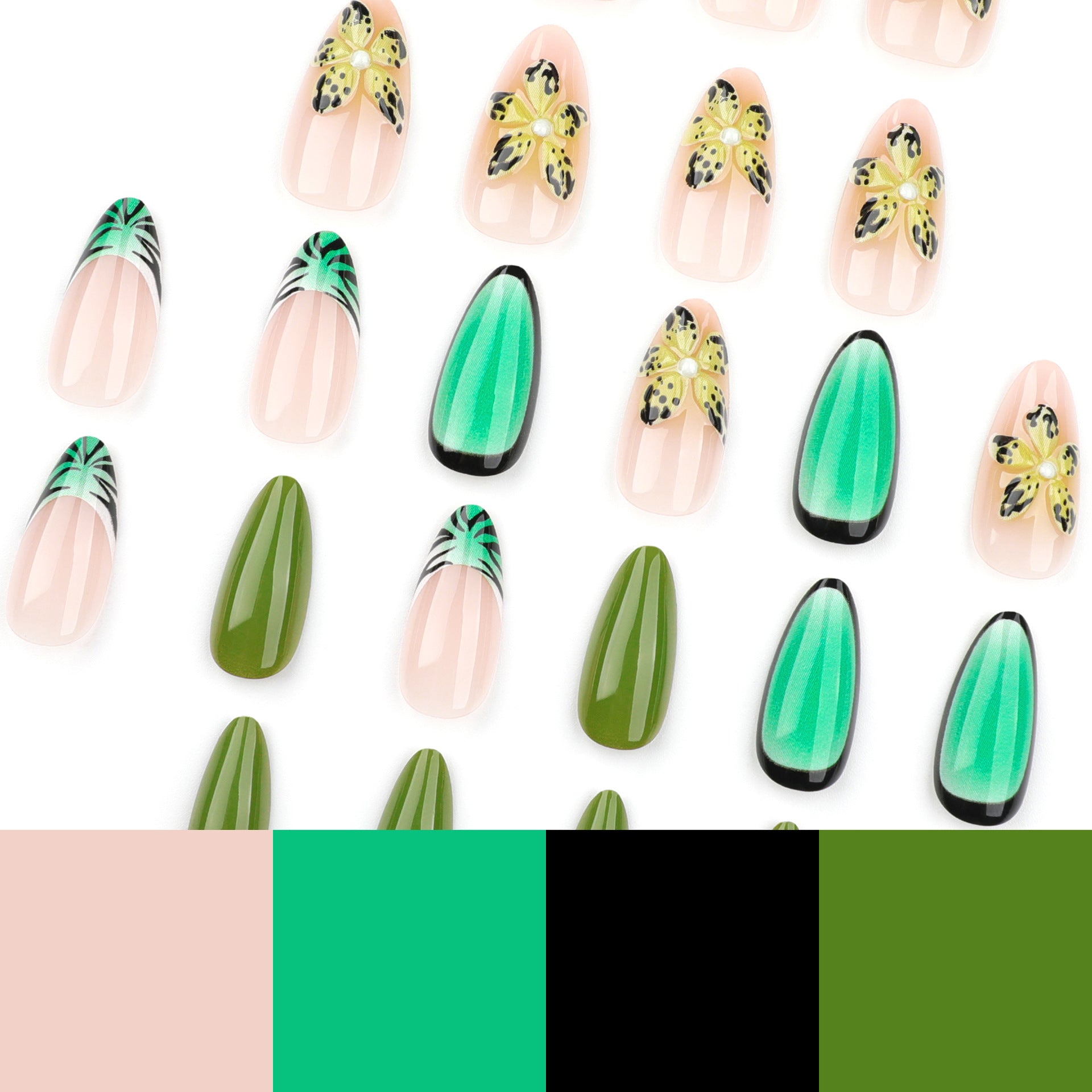 Tropical Floral Almond Press-On Nails – 3D Green Ombre Design, Glossy Finish