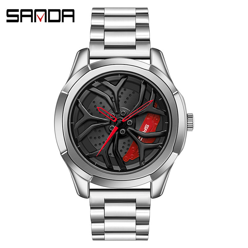 Sanda Men's Quartz Watch – Hollow Wheel Dial, Stainless Steel Strap, Waterproof Timepiece