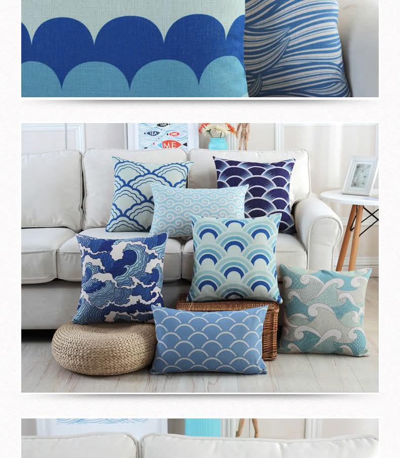 1 pc Mediterranean Sofa Cushion – Blue Square Pattern, Jacquard Cotton & Linenow